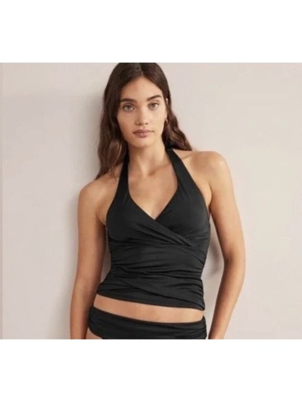 Boden Tankini Top Swimsuit Womens 10 Black Halter Padded Ruched Lined Stretch